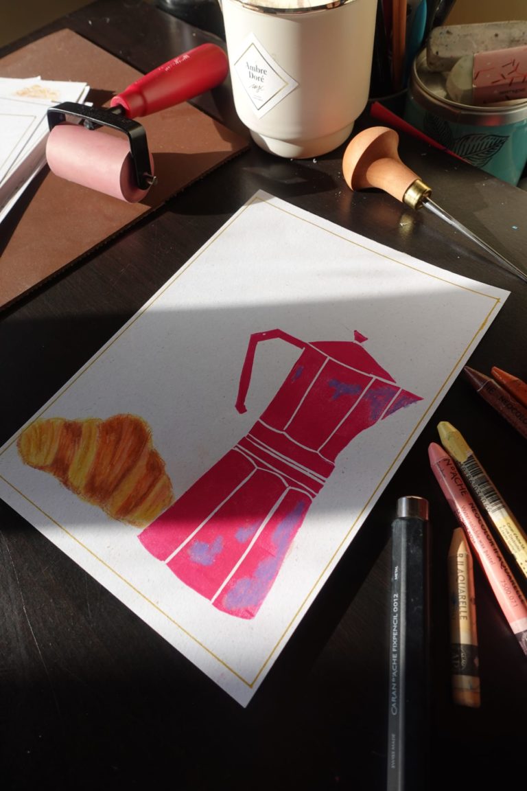 cafetière italienne en linogravure